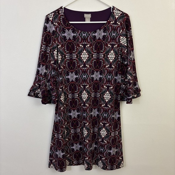 Chico's Dresses & Skirts - Chicos 1P Dress Maroon Purple Floral Geometric Flare‎ Bell Sleeve Stretch Brunch